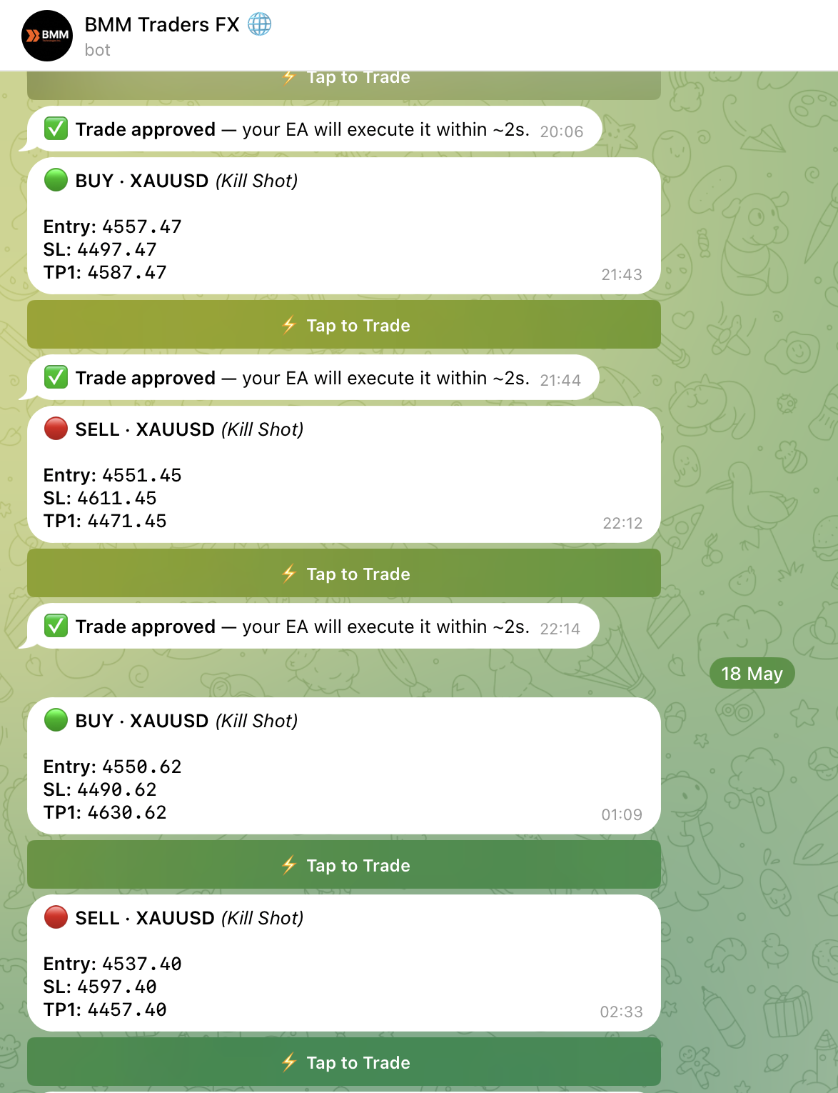 BMM Tap to Trade signals in Telegram — real screenshot